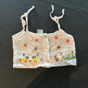 Girls Linen White Cropped Tank with Embroidered Flowers and Tie Shoulder straps
